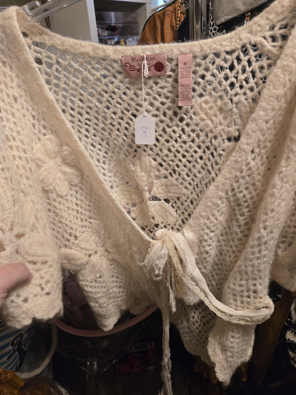 Hand Knit Cream Open-Weave V-Neck Tie-Front Sweater